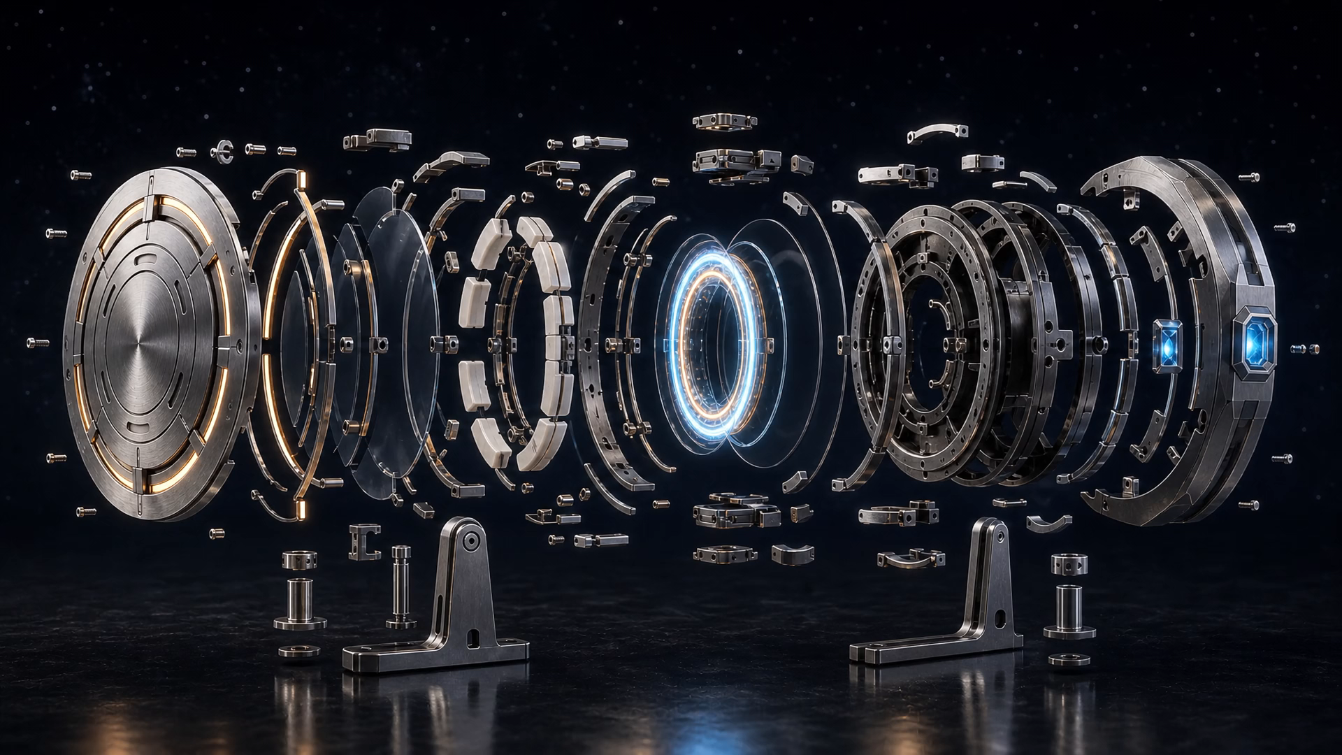 The same fictional sculpture, dismantled around a glowing core ring